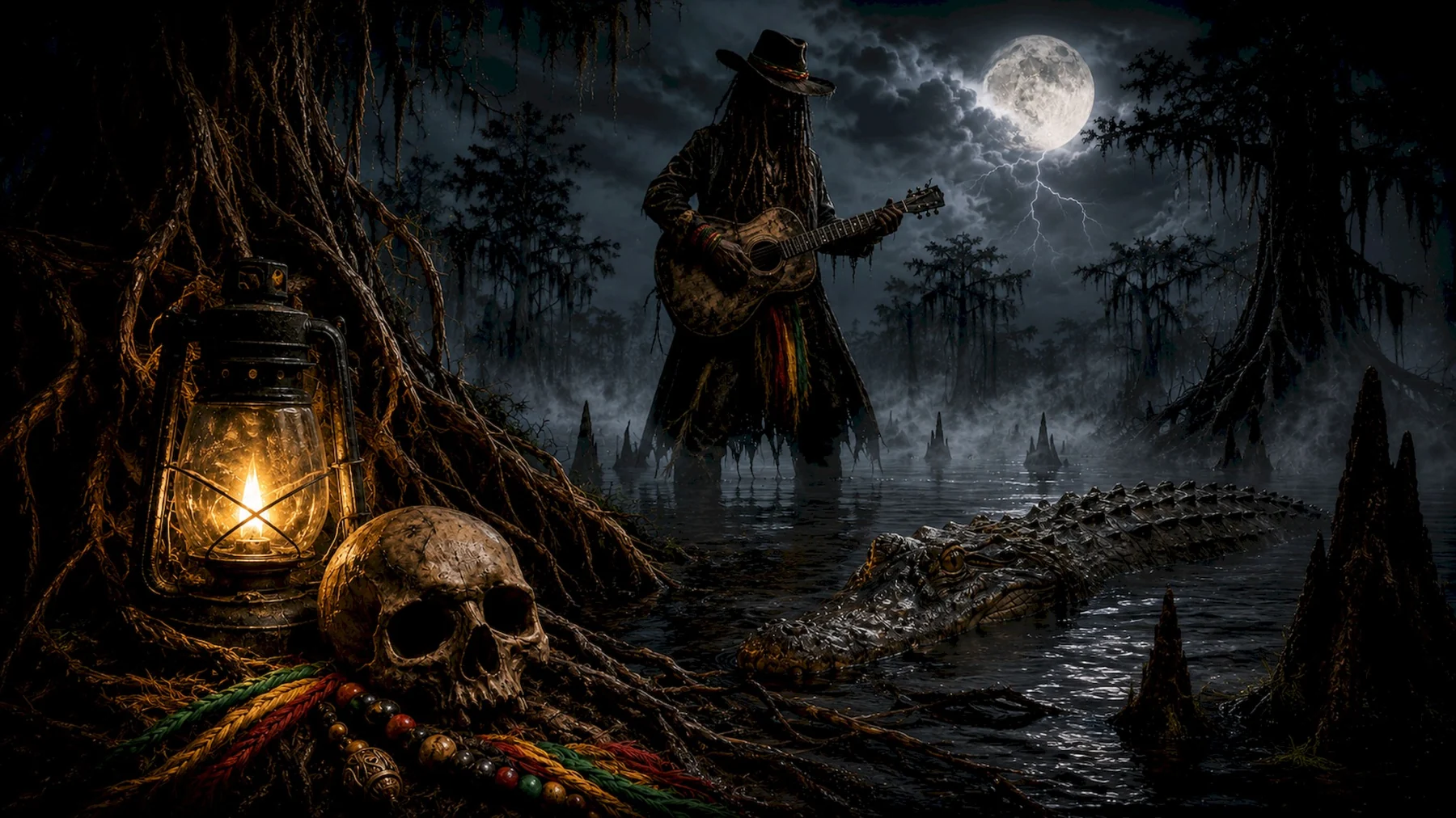 The Western Outlaw Rasta standing in a moonlit swamp with a lantern, skull and crocodile